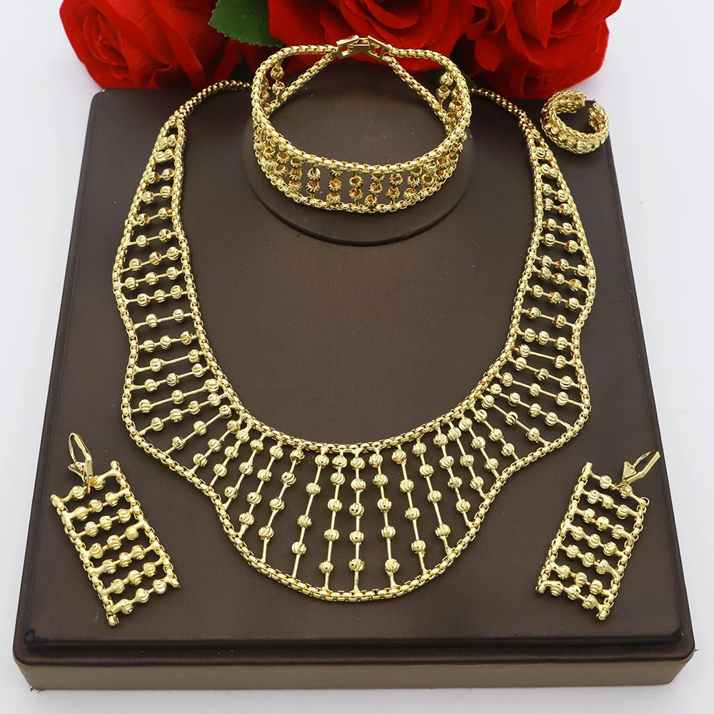 Women Necklace Set Gold Plated Jewelry Choker Luxury Colorful Rhinestone Rings Earrings Bracelet Wedding Jewellery