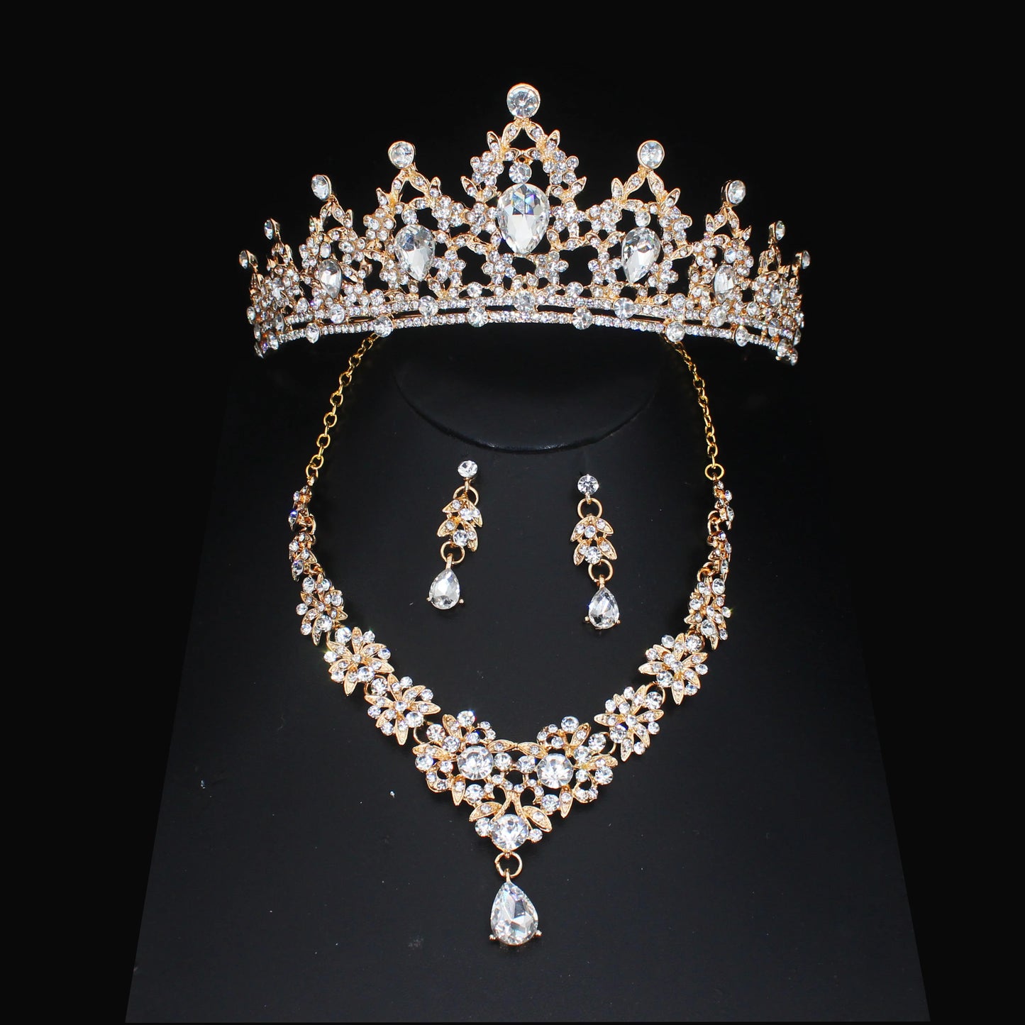 Luxury Crystal Wedding Bridal Jewelry Sets Women/Girl Gold Color Tiara/Crown Earrings Choker Necklace Bride Jewelry Set