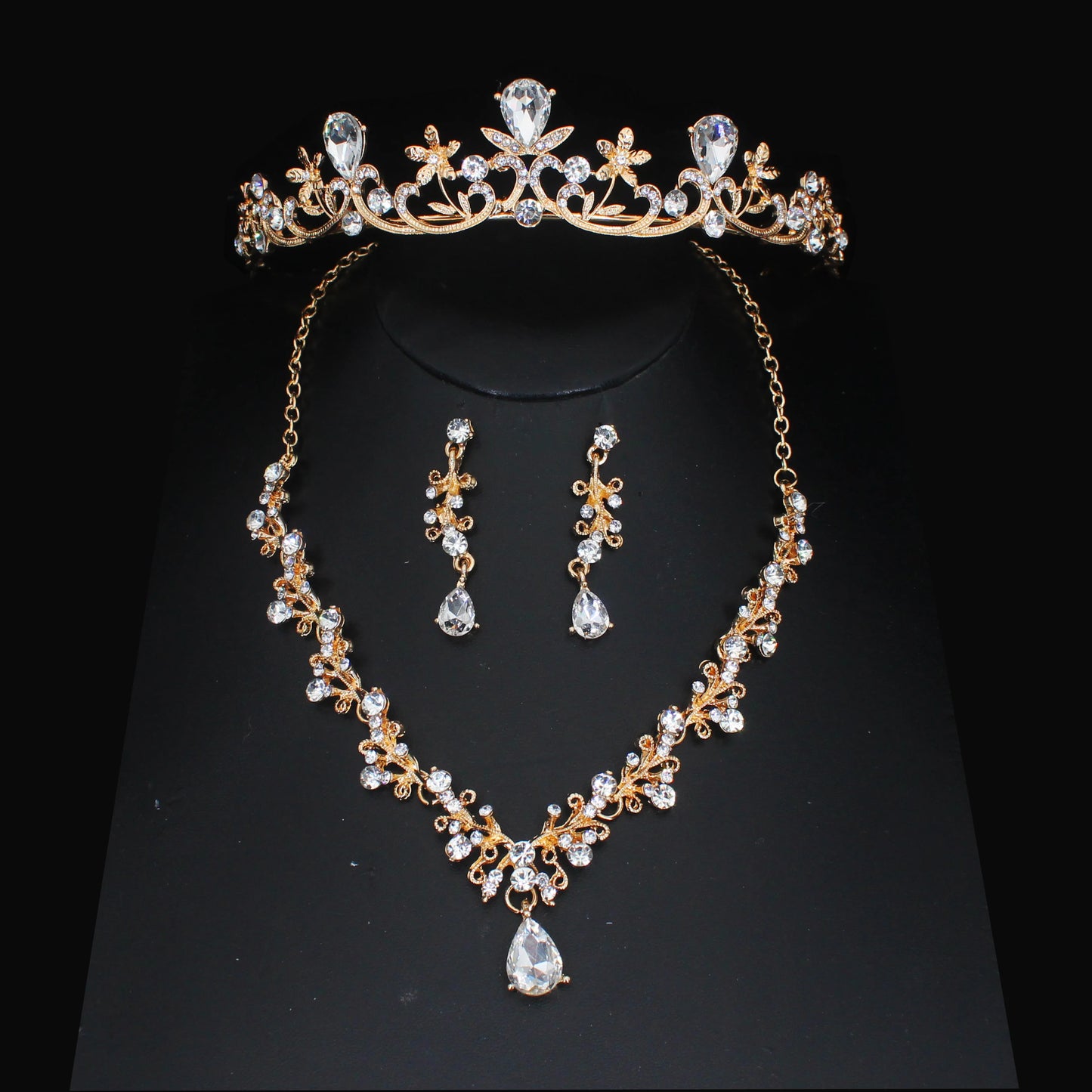 Luxury Crystal Wedding Bridal Jewelry Sets Women/Girl Gold Color Tiara/Crown Earrings Choker Necklace Bride Jewelry Set