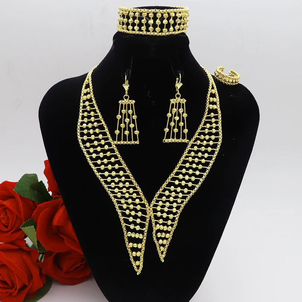 Women Necklace Set Gold Plated Jewelry Choker Luxury Colorful Rhinestone Rings Earrings Bracelet Wedding Jewellery