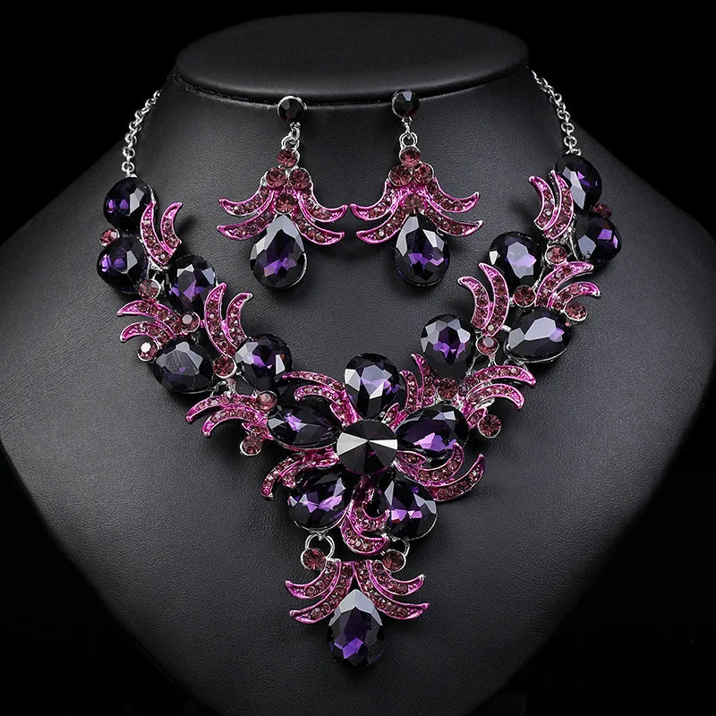 Purple Jewelry Set Wholesale Wedding Accessories Luxury Crystal Rhinestone Flower Statement Earrings and Necklace for Women