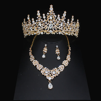 Luxury Crystal Wedding Bridal Jewelry Sets Women/Girl Gold Color Tiara/Crown Earrings Choker Necklace Bride Jewelry Set