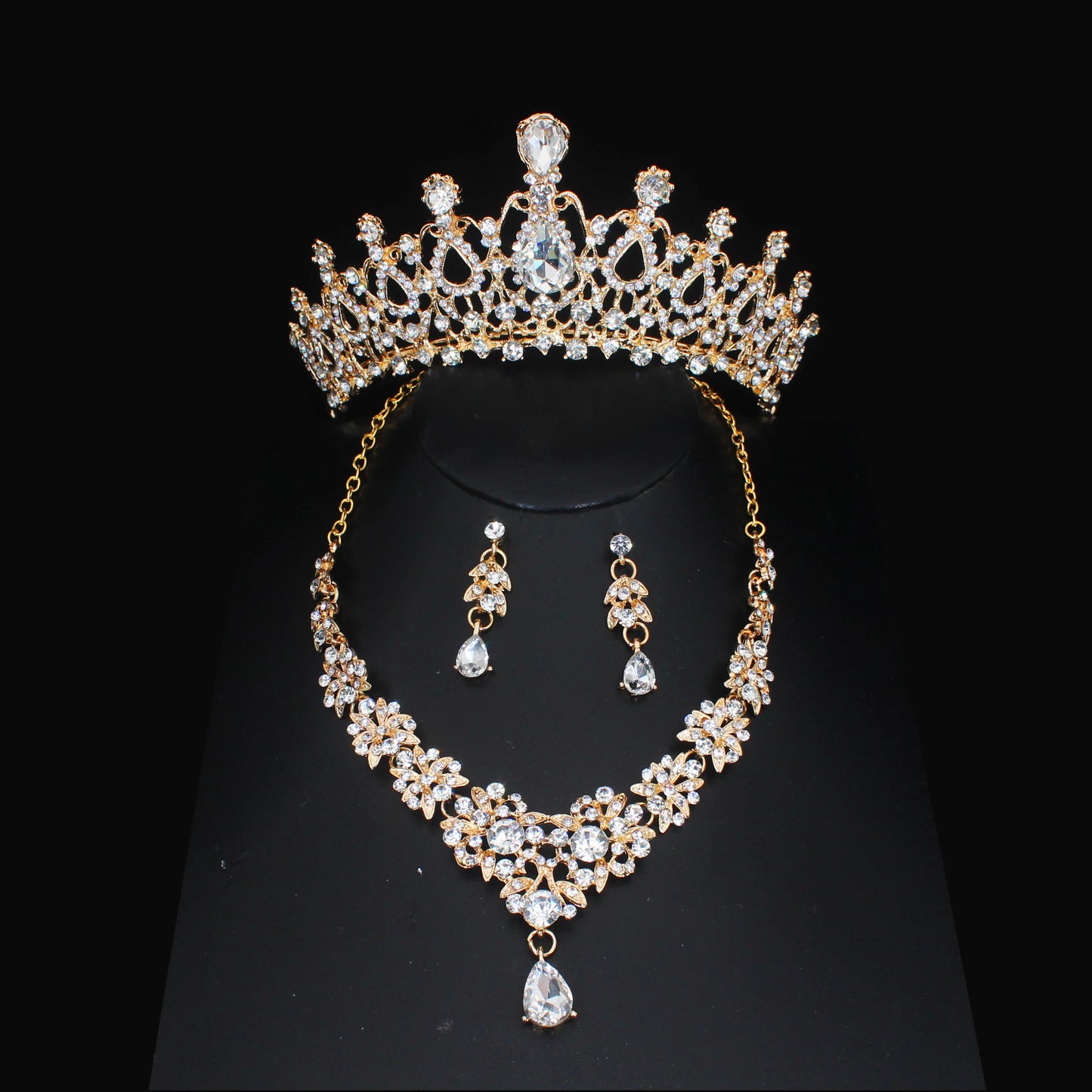 Luxury Crystal Wedding Bridal Jewelry Sets Women/Girl Gold Color Tiara/Crown Earrings Choker Necklace Bride Jewelry Set