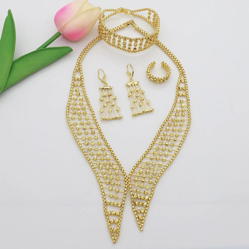 Women Necklace Set Gold Plated Jewelry Choker Luxury Colorful Rhinestone Rings Earrings Bracelet Wedding Jewellery