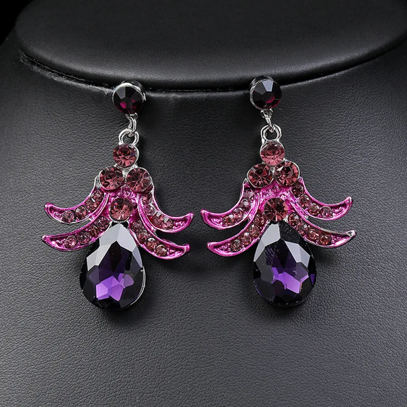 Purple Jewelry Set Wholesale Wedding Accessories Luxury Crystal Rhinestone Flower Statement Earrings and Necklace for Women