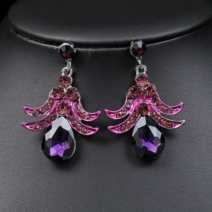 Purple Jewelry Set Wholesale Wedding Accessories Luxury Crystal Rhinestone Flower Statement Earrings and Necklace for Women
