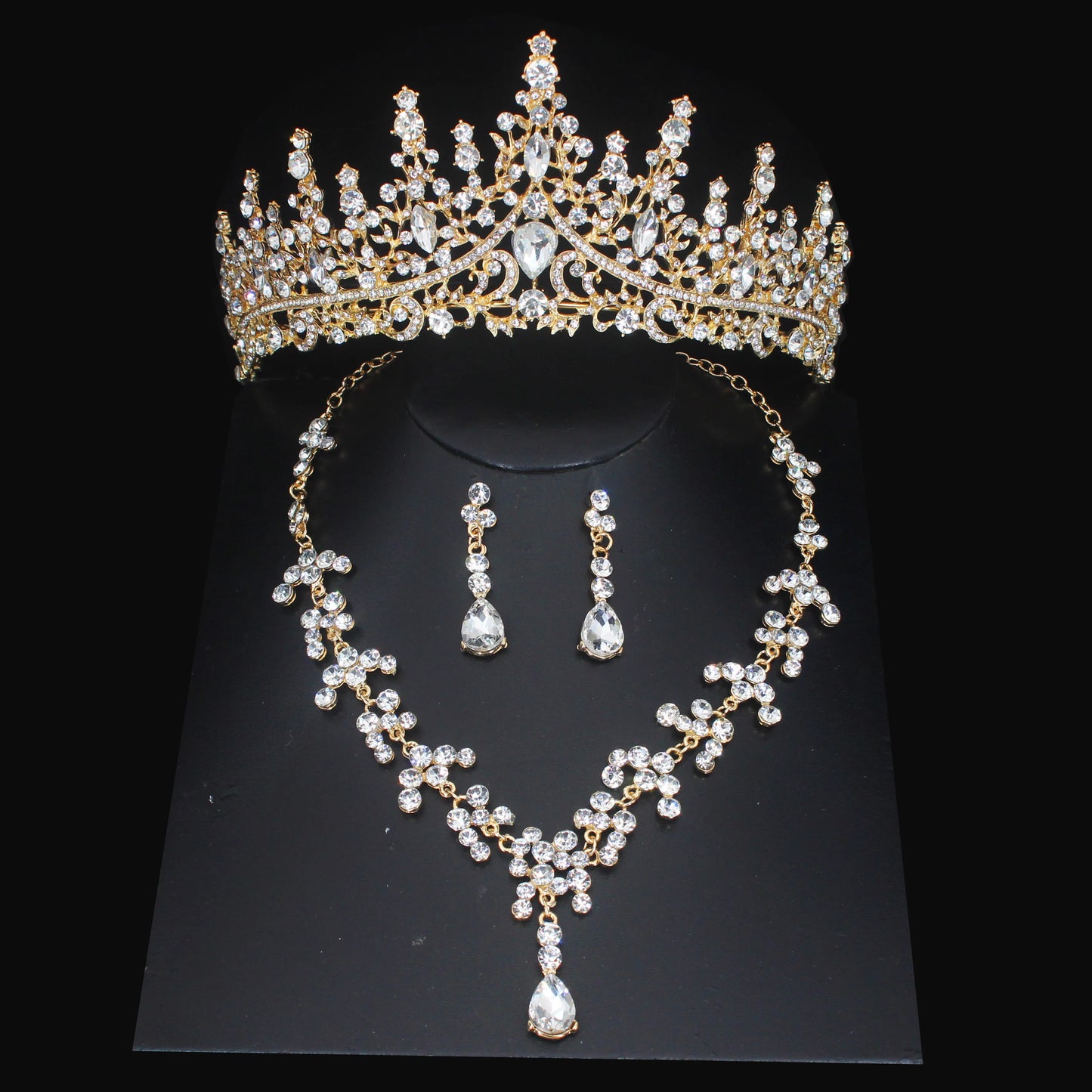 Luxury Crystal Wedding Bridal Jewelry Sets Women/Girl Gold Color Tiara/Crown Earrings Choker Necklace Bride Jewelry Set