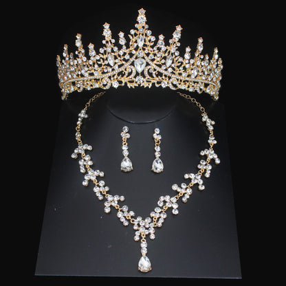Luxury Crystal Wedding Bridal Jewelry Sets Women/Girl Gold Color Tiara/Crown Earrings Choker Necklace Bride Jewelry Set