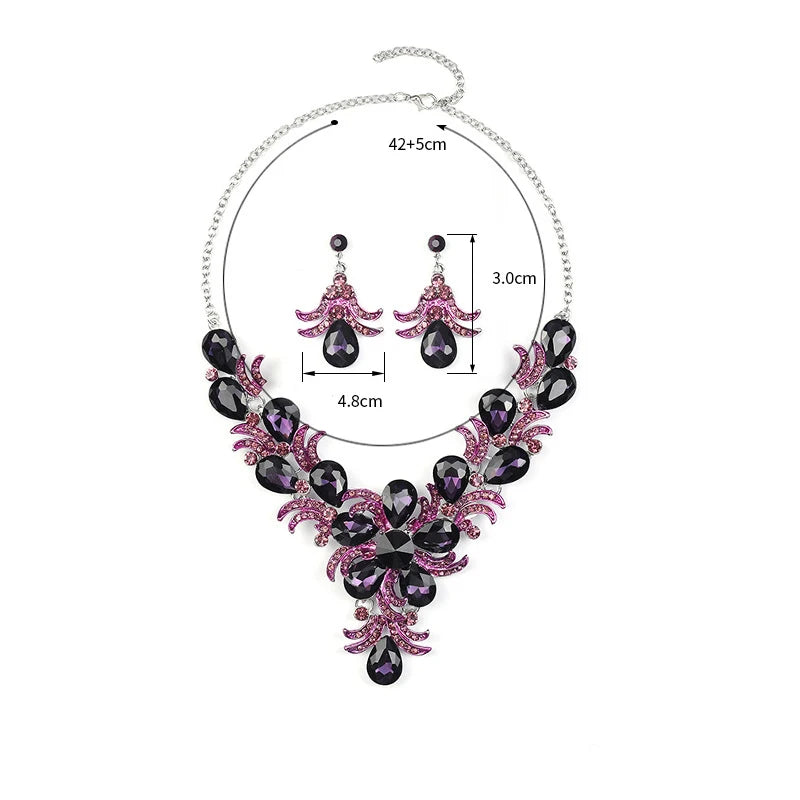 Purple Jewelry Set Wholesale Wedding Accessories Luxury Crystal Rhinestone Flower Statement Earrings and Necklace for Women