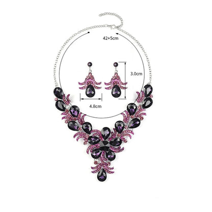 Purple Jewelry Set Wholesale Wedding Accessories Luxury Crystal Rhinestone Flower Statement Earrings and Necklace for Women