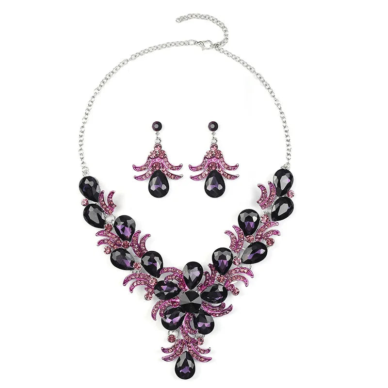 Purple Jewelry Set Wholesale Wedding Accessories Luxury Crystal Rhinestone Flower Statement Earrings and Necklace for Women