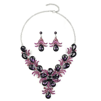 Purple Jewelry Set Wholesale Wedding Accessories Luxury Crystal Rhinestone Flower Statement Earrings and Necklace for Women
