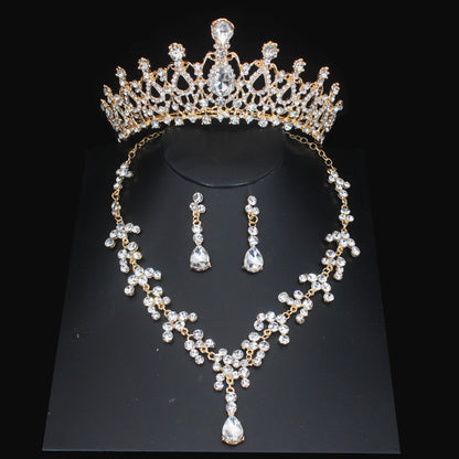 Luxury Crystal Wedding Bridal Jewelry Sets Women/Girl Gold Color Tiara/Crown Earrings Choker Necklace Bride Jewelry Set