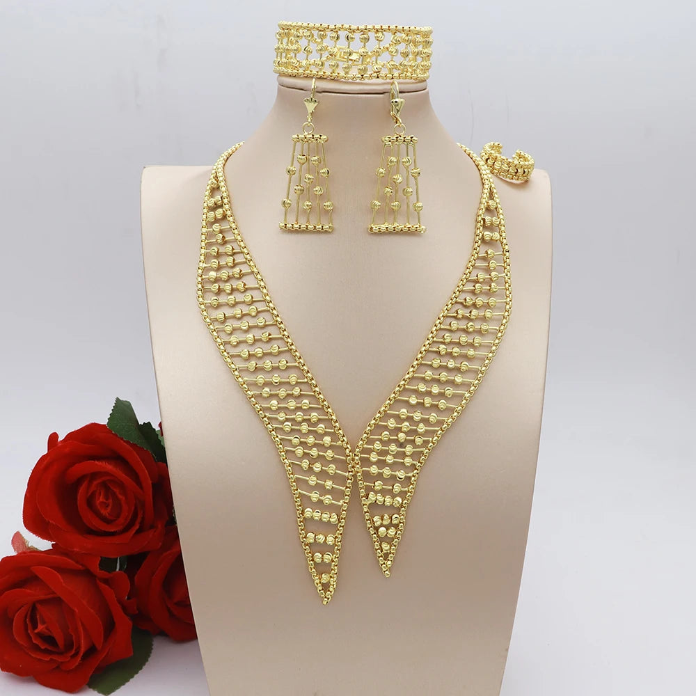 Women Necklace Set Gold Plated Jewelry Choker Luxury Colorful Rhinestone Rings Earrings Bracelet Wedding Jewellery