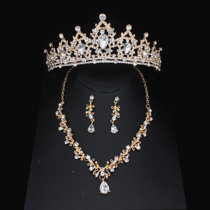 Luxury Crystal Wedding Bridal Jewelry Sets Women/Girl Gold Color Tiara/Crown Earrings Choker Necklace Bride Jewelry Set