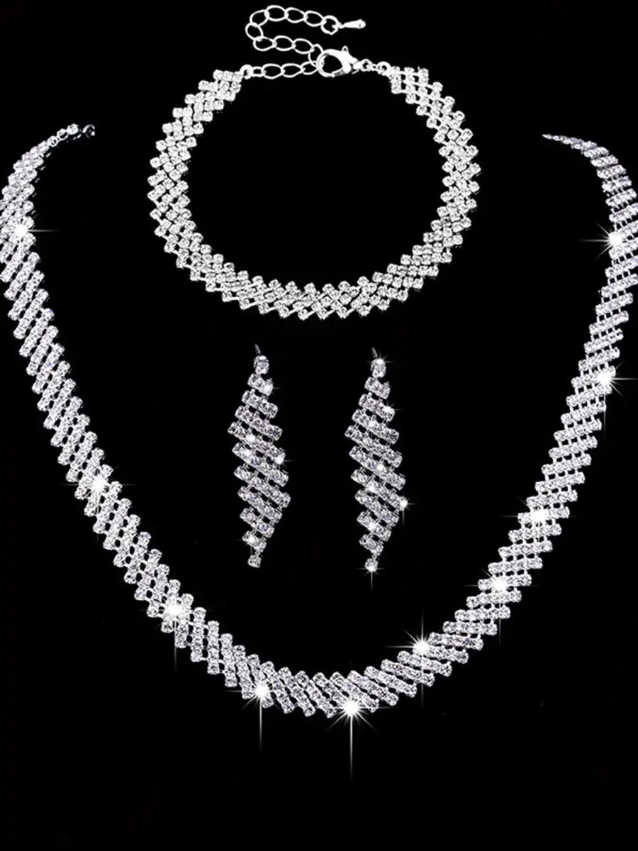 4 Bridal Jewelry Set Rhinestone Necklace Earrings Bracelet Women's Accessories