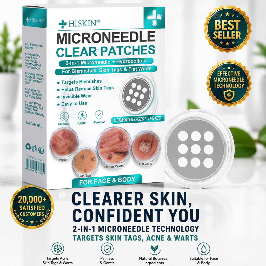 Hiskin ® 2-in-1 Microneedle & Hydrocolloid Patch | Removes raised moles, acne, flat warts, and skin tags | Helps improve wrinkles, scars, and blemishes | Invisible patches for face and body