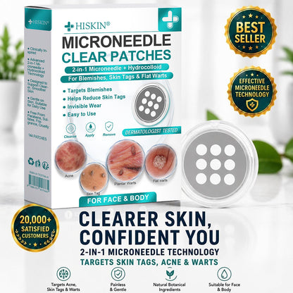 Hiskin ® 2-in-1 Microneedle & Hydrocolloid Patch | Removes raised moles, acne, flat warts, and skin tags | Helps improve wrinkles, scars, and blemishes | Invisible patches for face and body